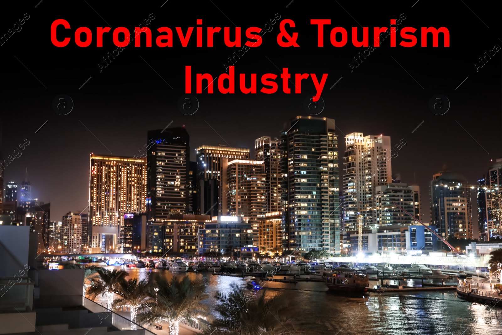 Image of Trips cancellation during coronavirus quarantine. Night cityscape with illuminated buildings