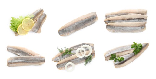 Image of Set with delicious salted herring fillets on white background, top view