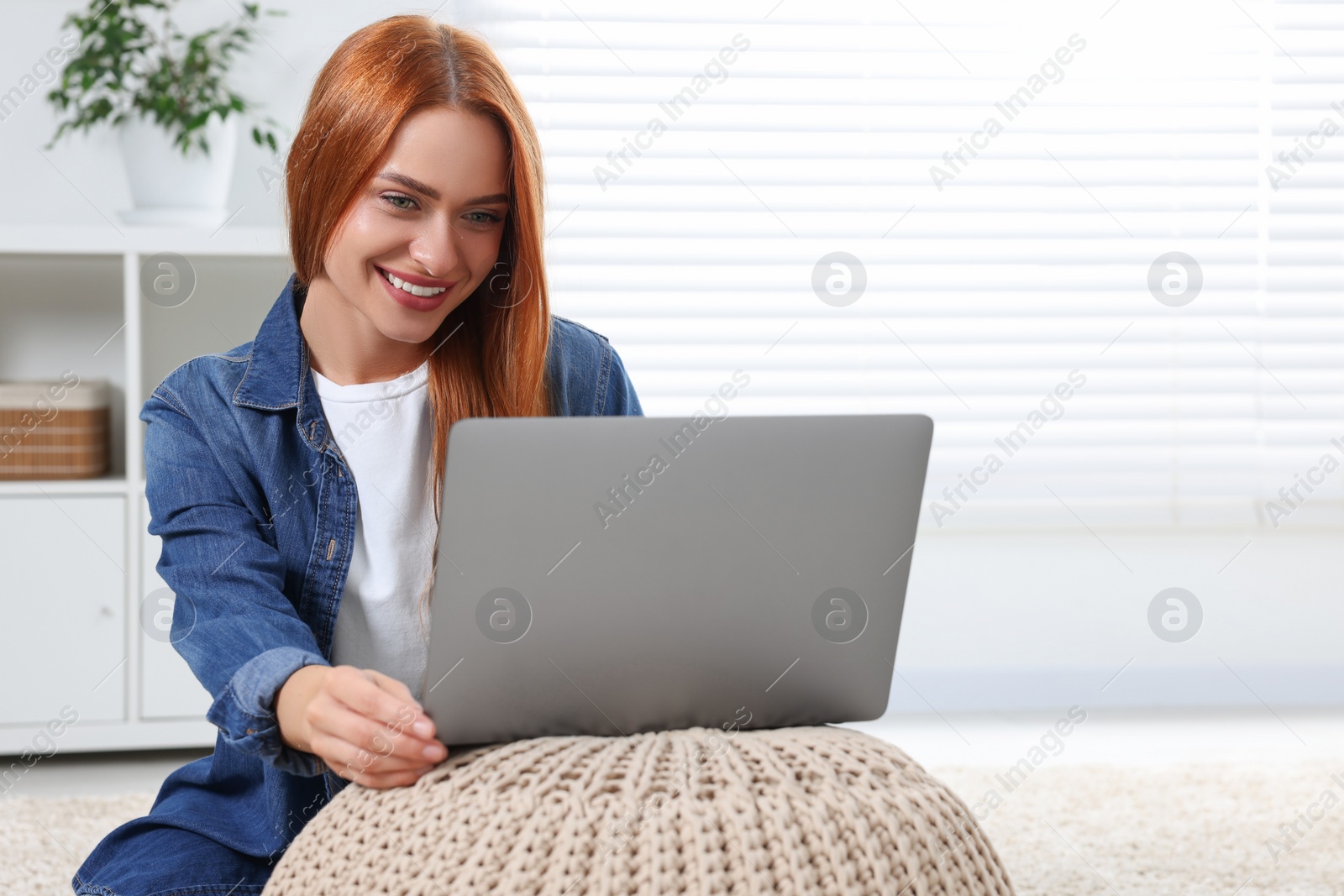 Photo of Woman having video chat via laptop at home, space for text