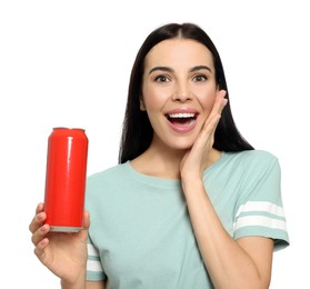 Photo of Beautiful happy woman holding red beverage can on white background