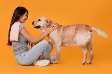 Happy woman playing with cute Labrador Retriever on orange background