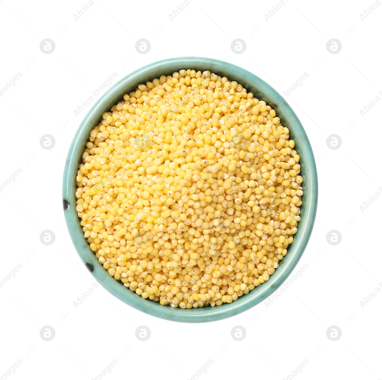 Photo of Dry millet seeds in bowl isolated on white, top view