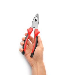 Photo of Plumber holding pliers on white background, closeup