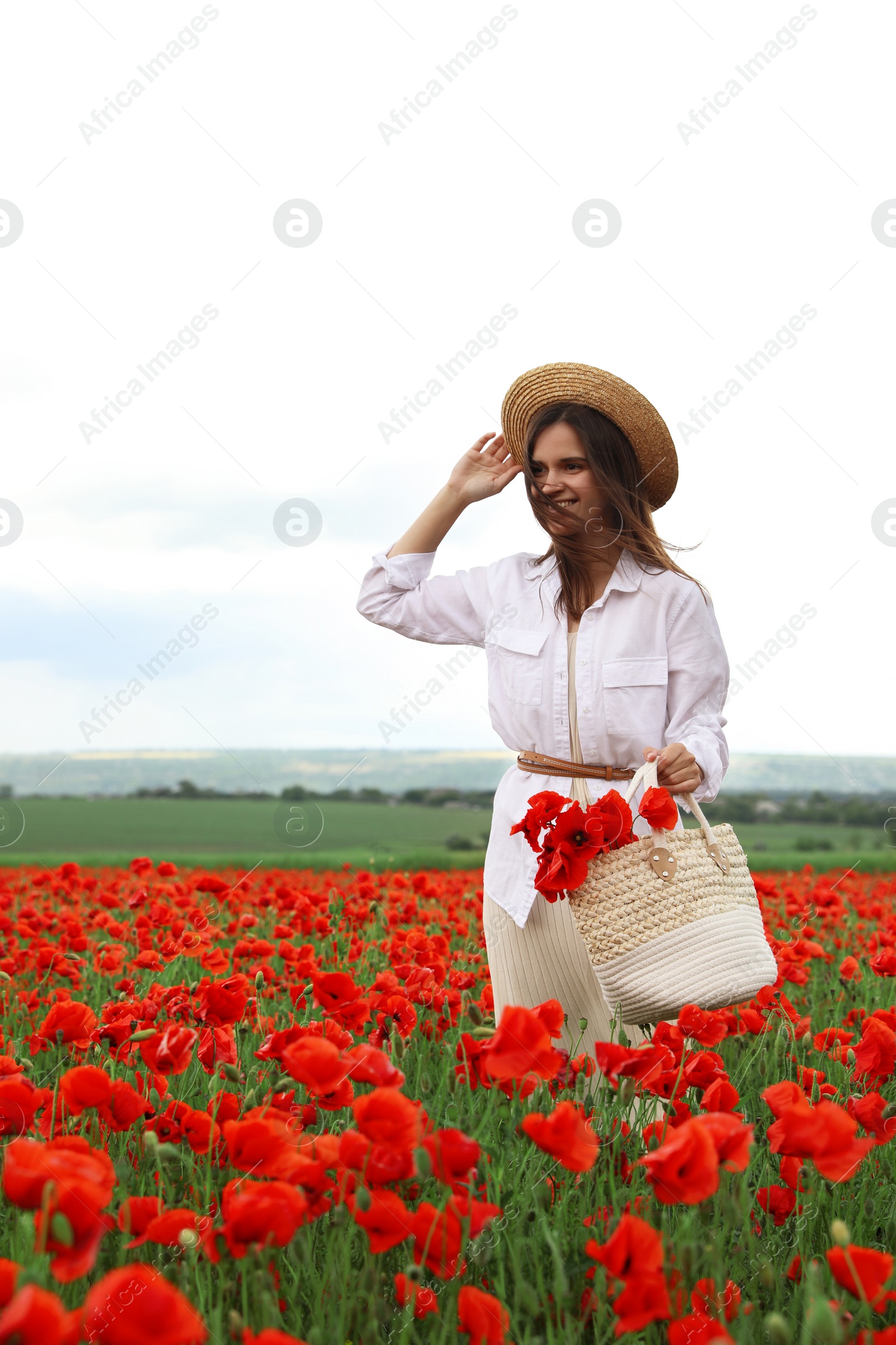 Photo of Woman holding handbag with poppy flowers in beautiful field