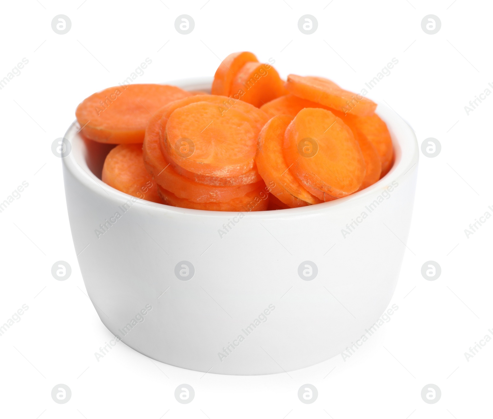 Photo of Bowl of chopped raw carrot isolated on white