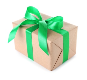 Photo of Christmas gift box decorated with ribbon bow on white background