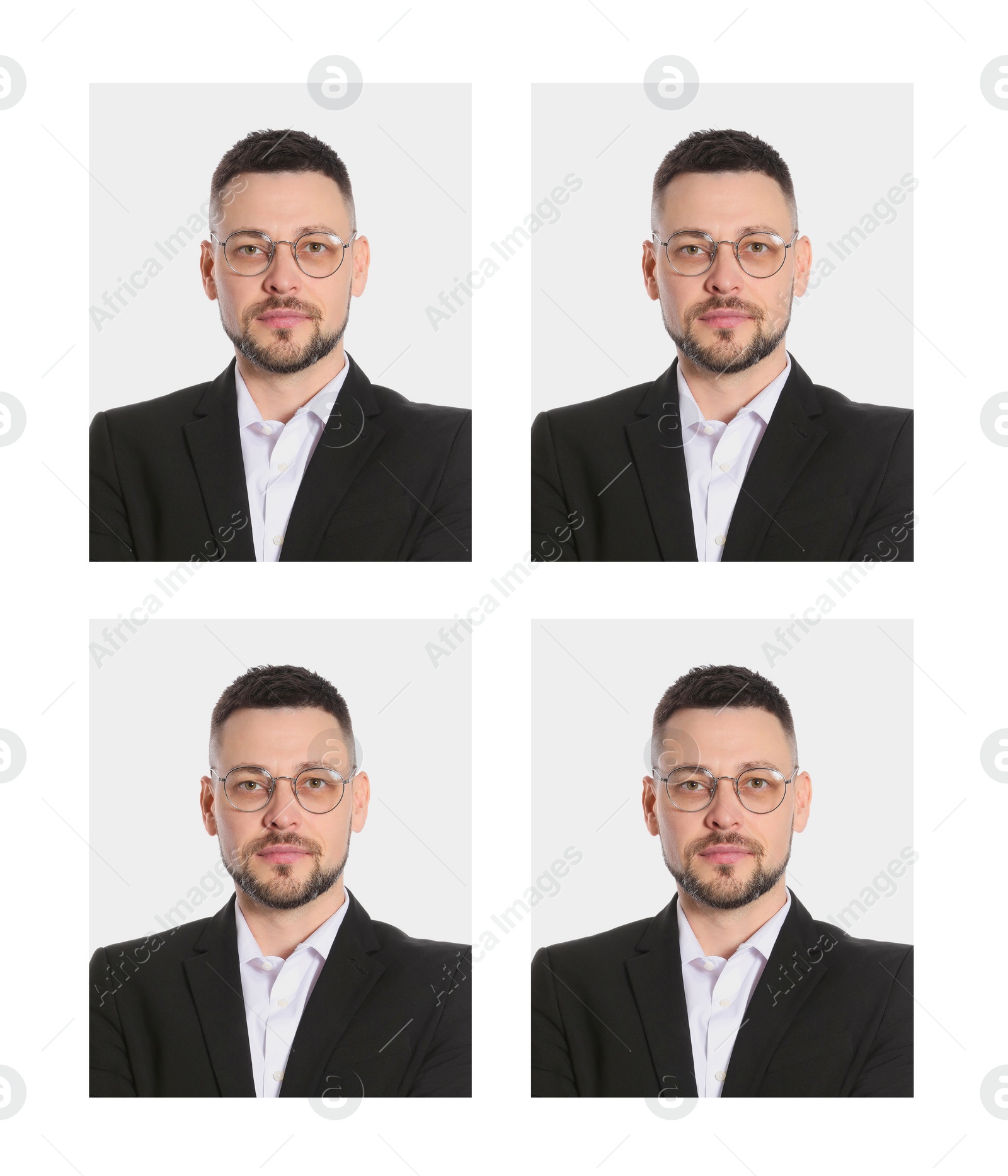 Image of Passport photo, collage. Man on white background, set of photos