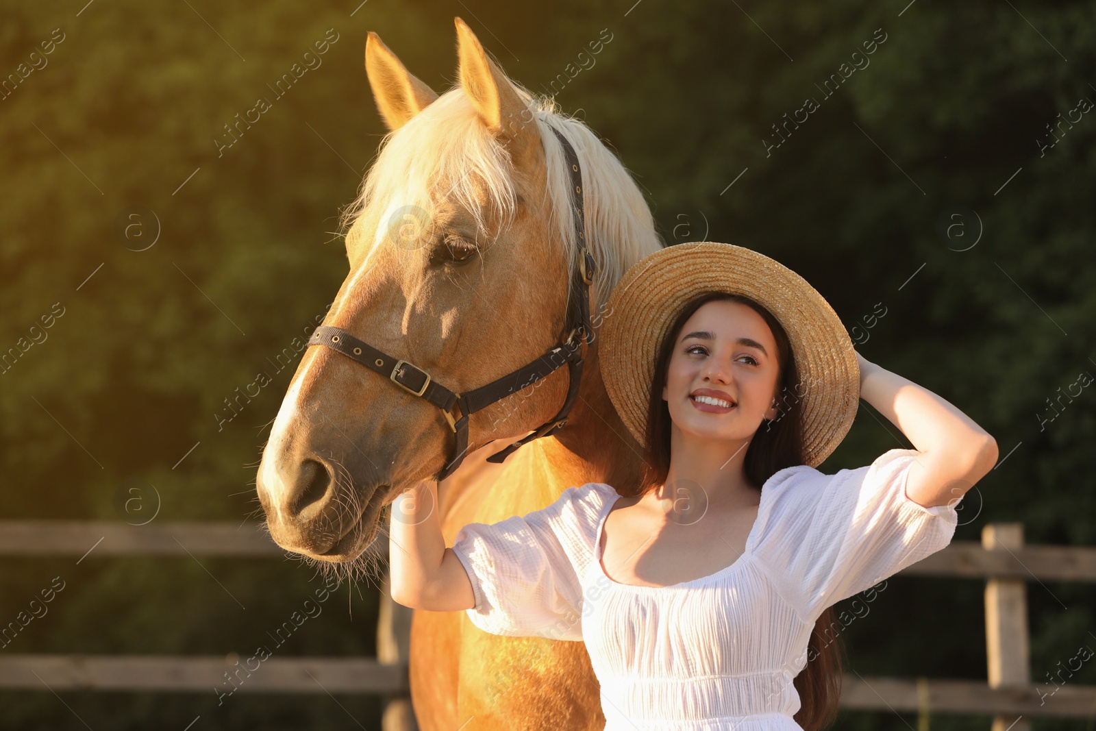 Photo of Woman with adorable horse outdoors. Lovely domesticated pet