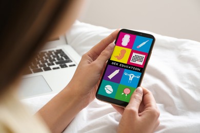 Image of Sex education program. Teenage girl using phone, closeup