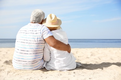 Mature couple spending time together on sea beach, back view