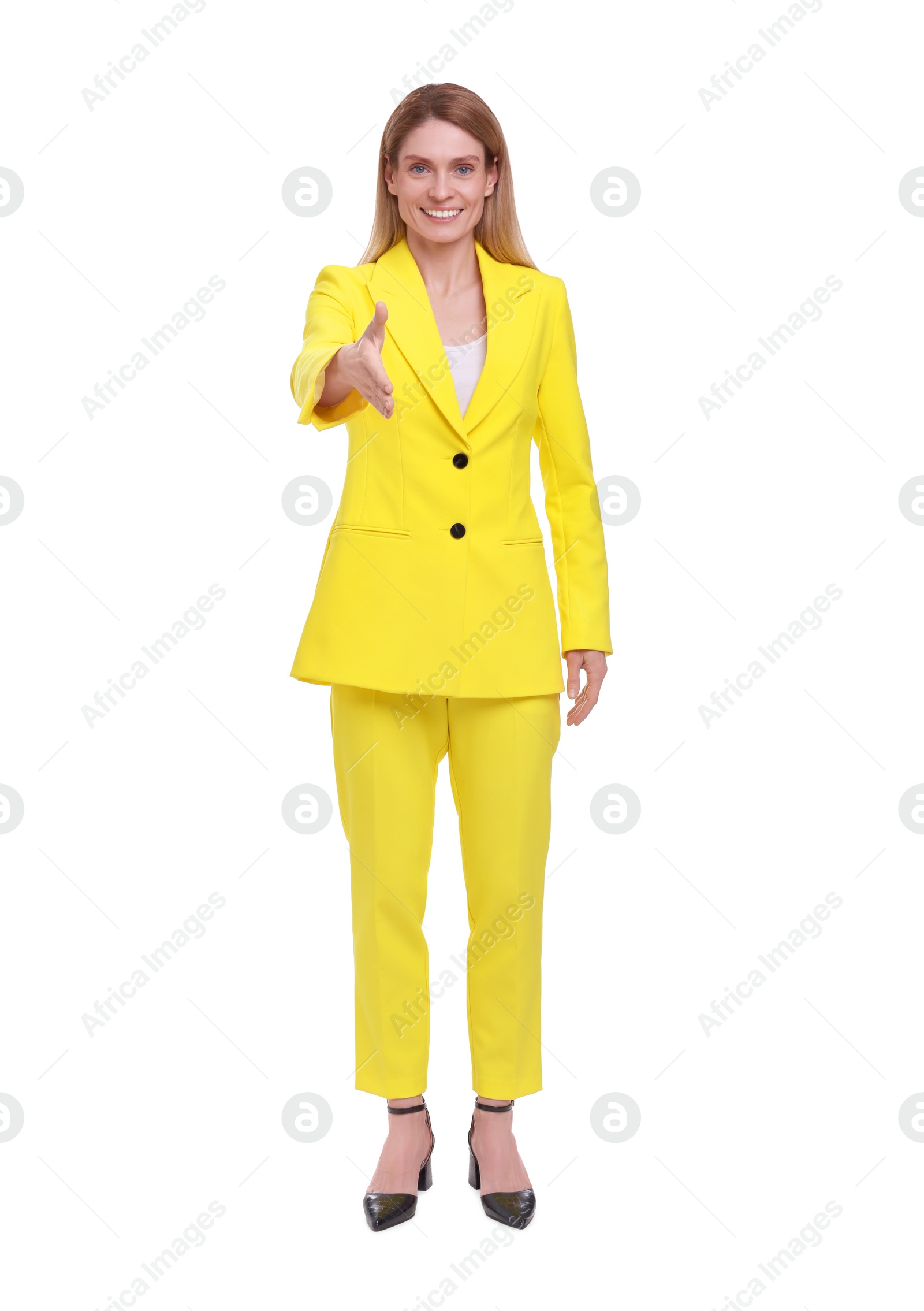 Photo of Beautiful happy businesswoman offering handshake on white background