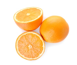 Photo of Fresh oranges on white background, top view