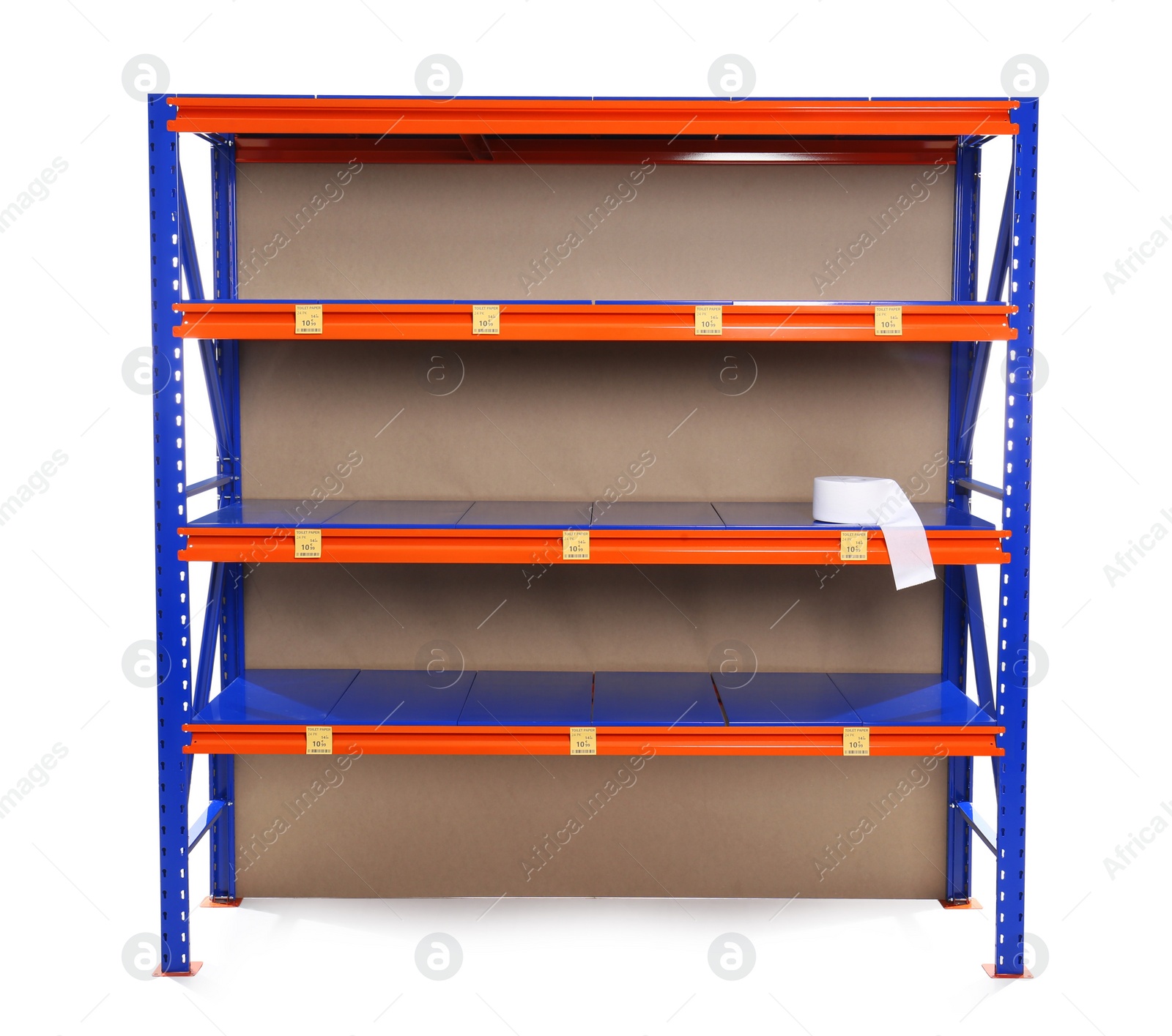 Photo of Almost empty shelves on white background. Product deficiency due to social panic