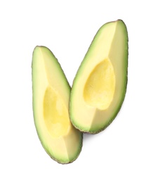 Photo of Slices of ripe avocado on white background, top view