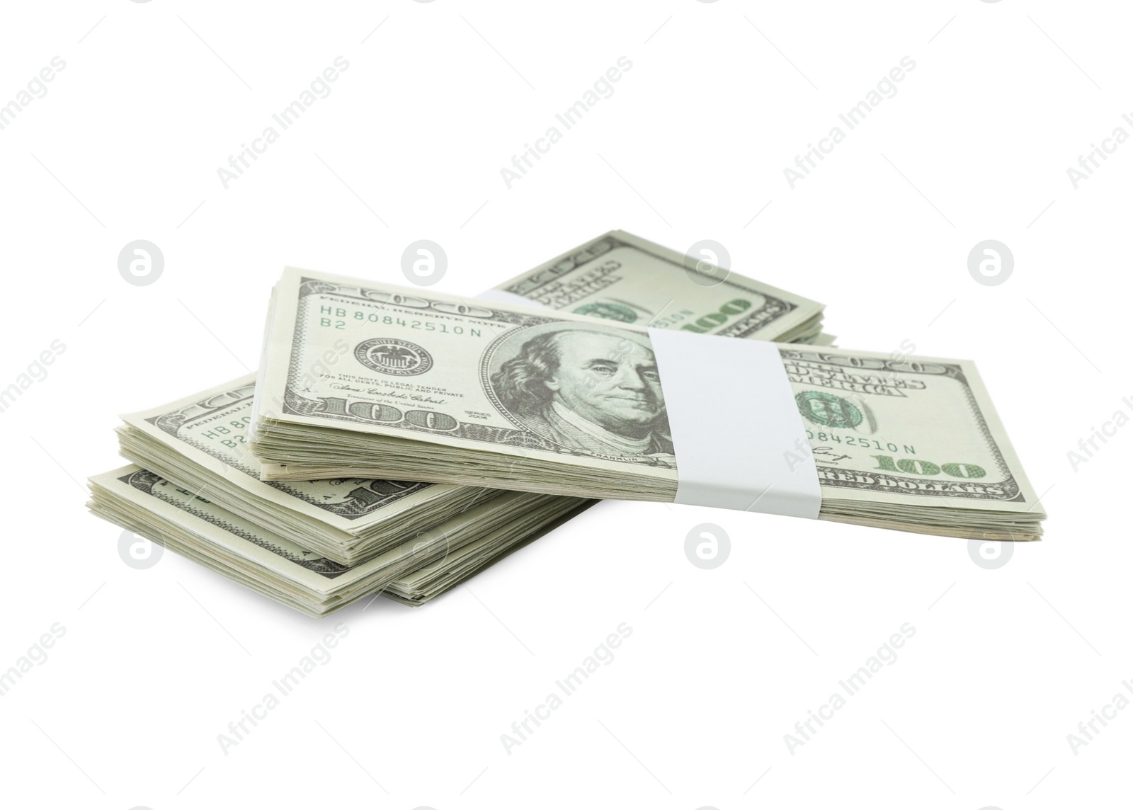 Photo of Bundles of dollar banknotes isolated on white. American national currency