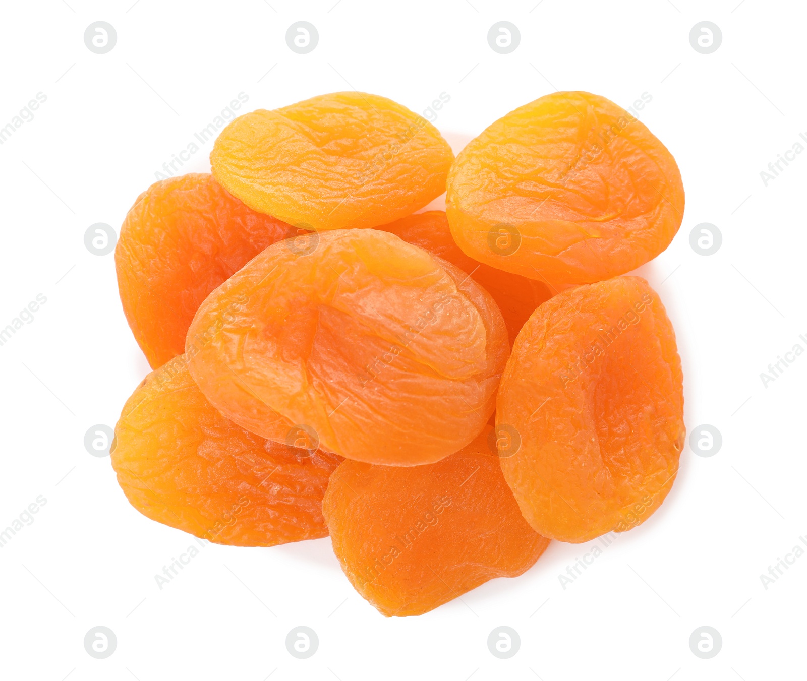 Photo of Tasty apricots on white background, top view. Dried fruit as healthy food