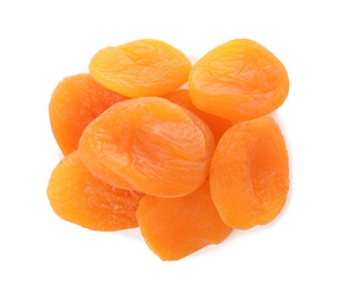 Tasty apricots on white background, top view. Dried fruit as healthy food