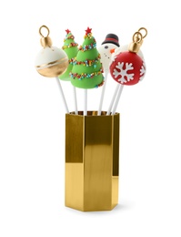 Photo of Delicious Christmas themed cake pops isolated on white