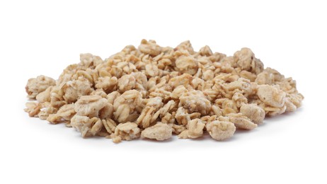 Photo of Pile of granola on white background. Healthy snack