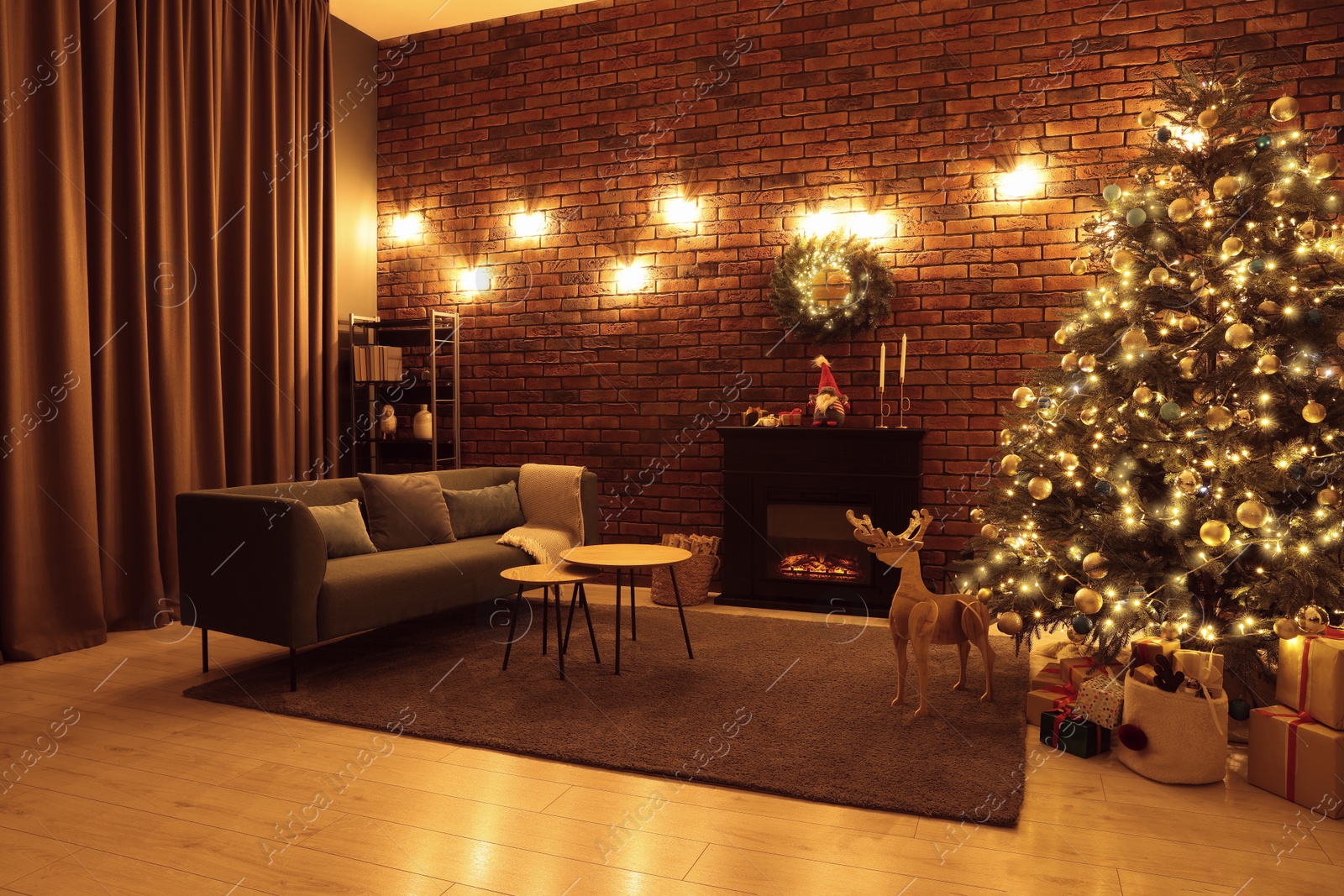 Photo of Beautiful tree with festive lights and Christmas decor in living room. Interior design