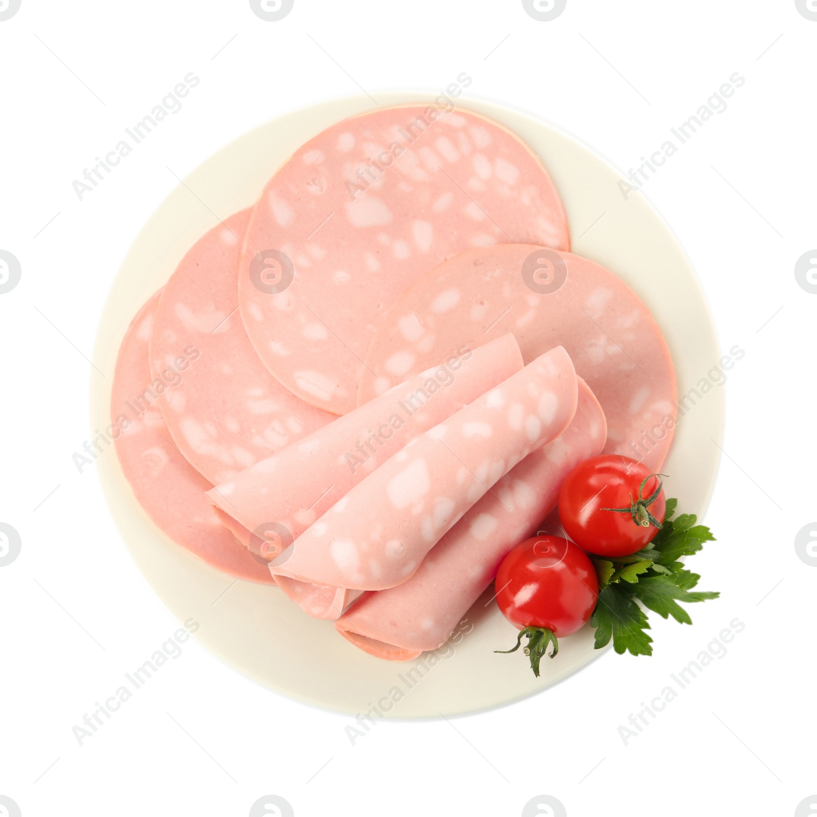 Photo of Slices of delicious boiled sausage with parsley and tomatoes on white background, top view