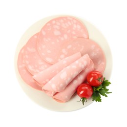 Slices of delicious boiled sausage with parsley and tomatoes on white background, top view