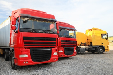 Photo of Different bright trucks parked outdoors. Modern transport