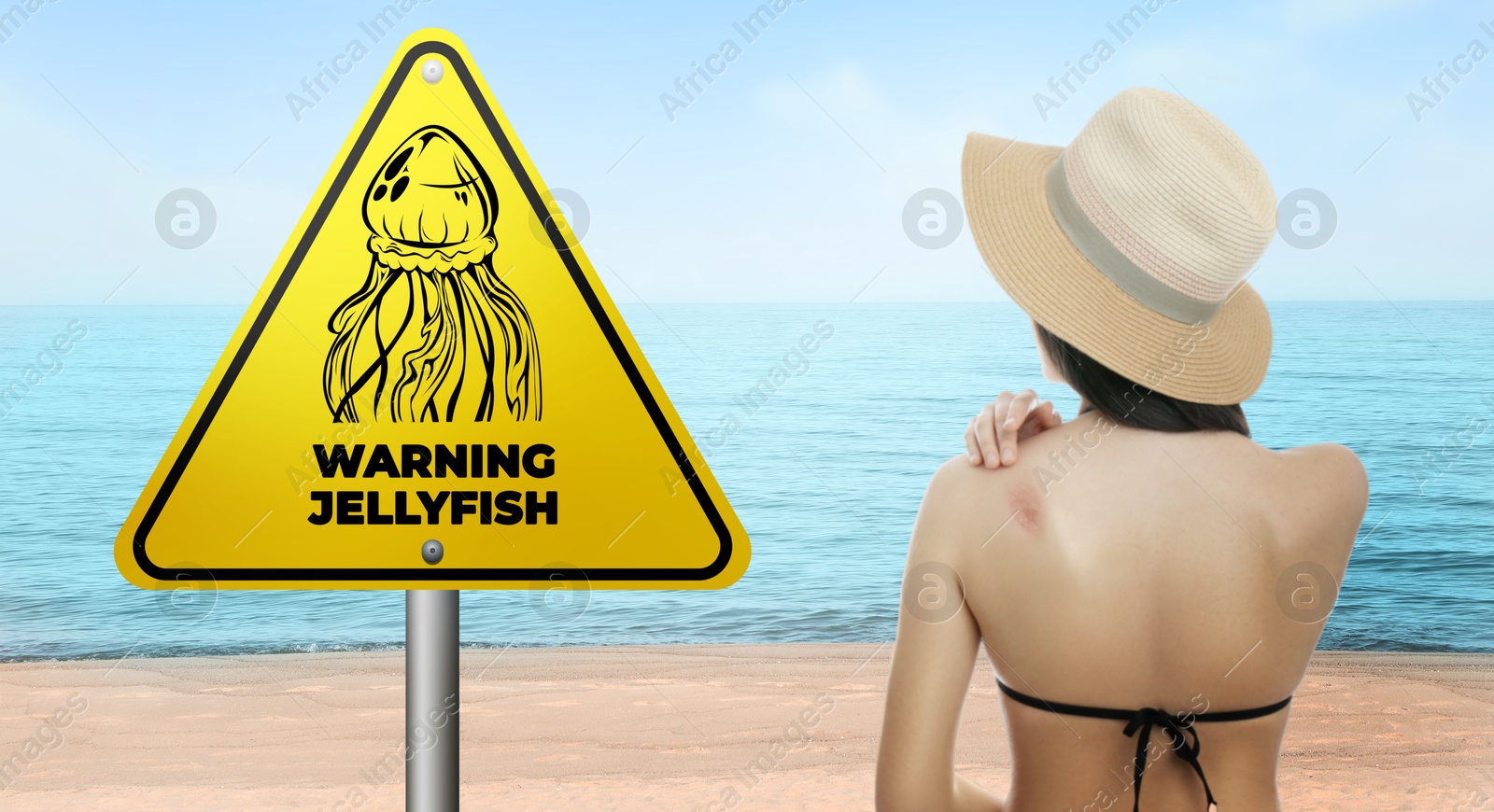 Image of Jellyfish warning sign and injured woman on beach. Banner design