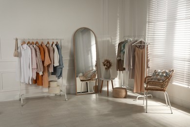 Modern dressing room interior with stylish clothes and beautiful dry flowers
