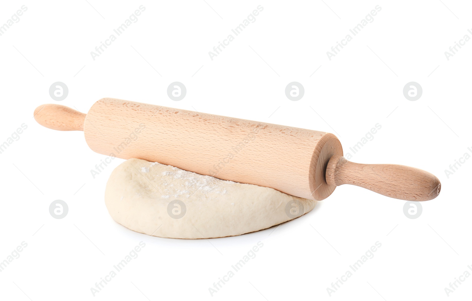 Photo of Raw dough and rolling pin on white background