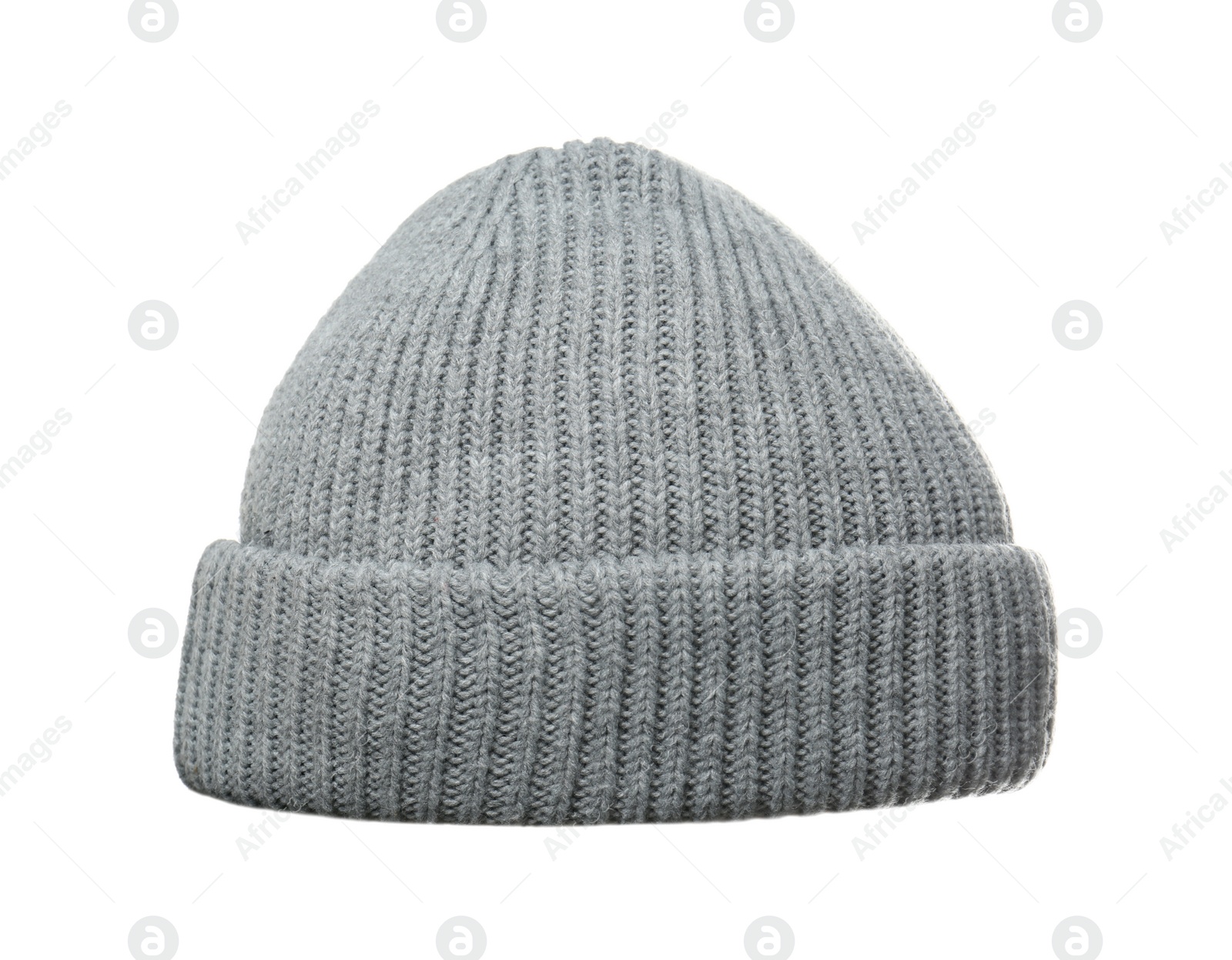 Photo of Woman wearing grey knitted hat on white background, closeup. Winter sports clothes