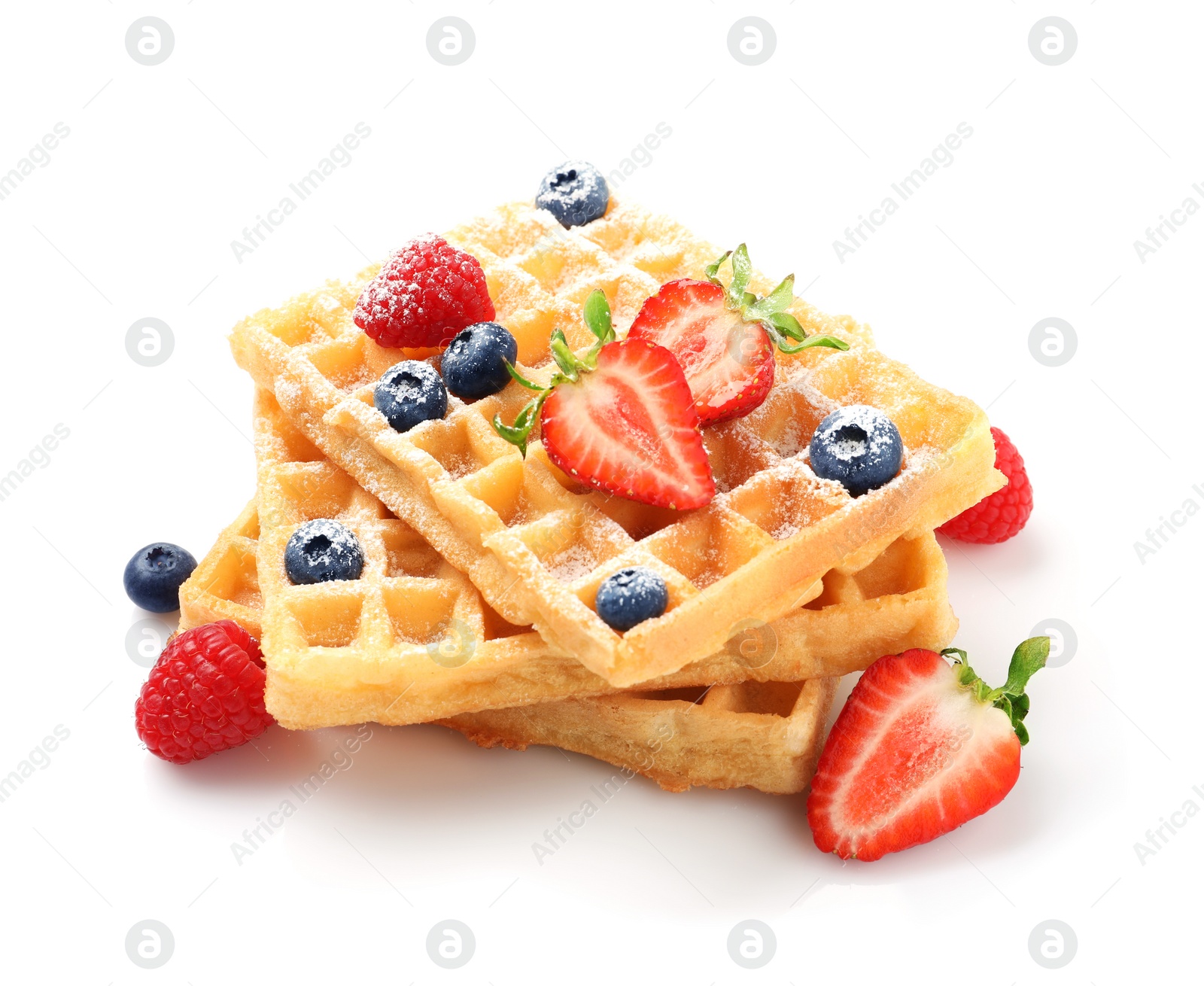 Photo of Delicious waffles with berries on white background