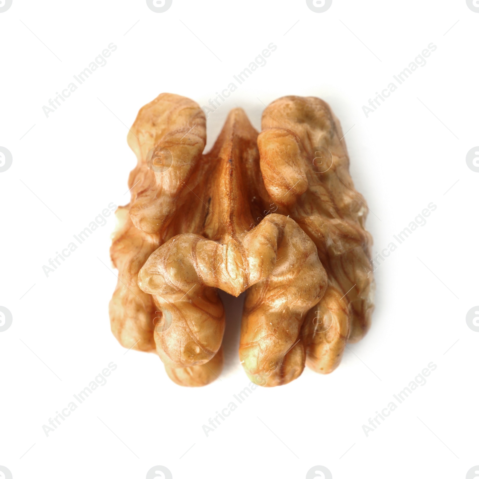 Photo of Half of tasty walnut on white background, top view