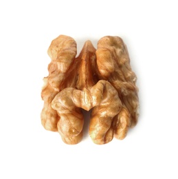 Half of tasty walnut on white background, top view