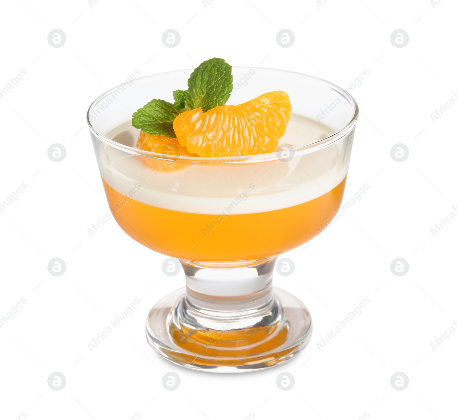 Photo of Delicious tangerine jelly with mint on white background