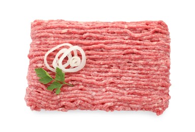 Photo of Raw ground meat, onion and parsley isolated on white, top view