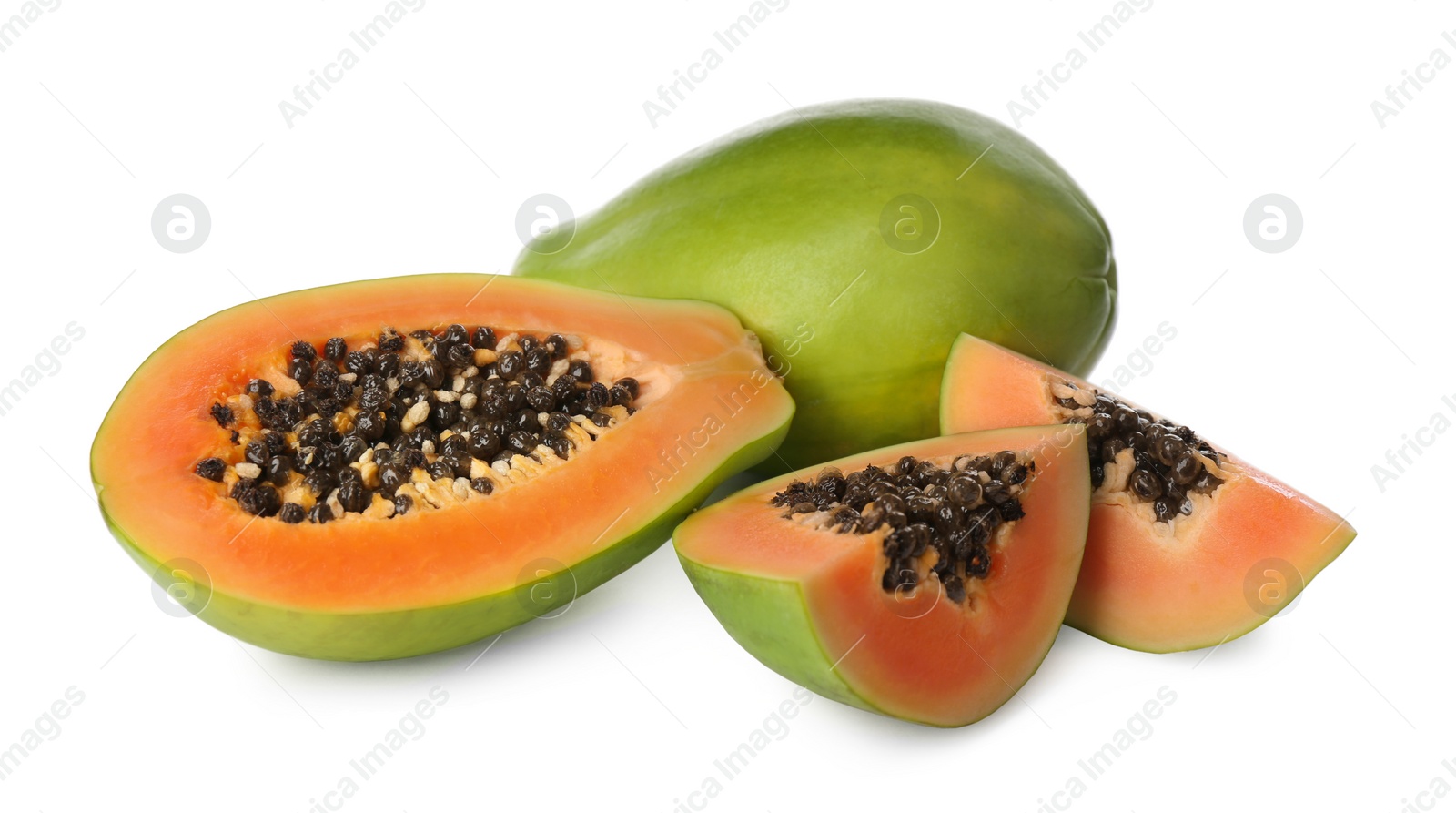 Photo of Fresh ripe papaya fruits on white background