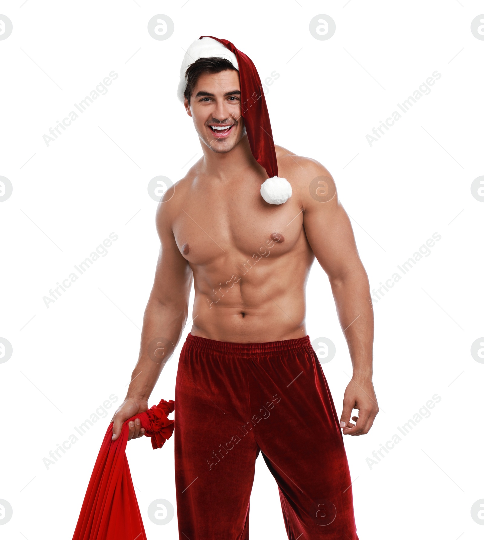 Photo of Sexy shirtless Santa Claus on white background