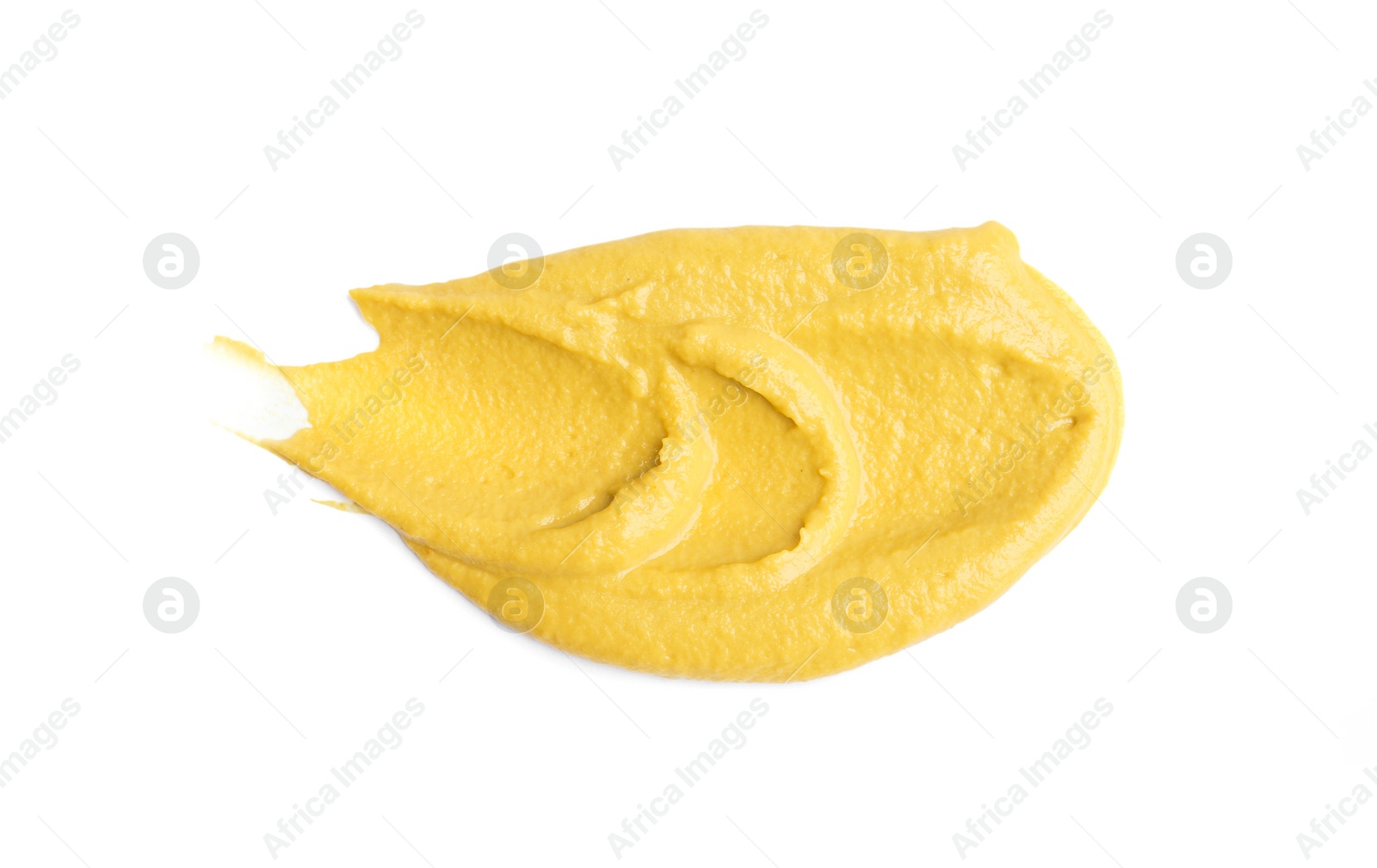 Photo of Tasty mustard isolated on white, top view. Spicy sauce