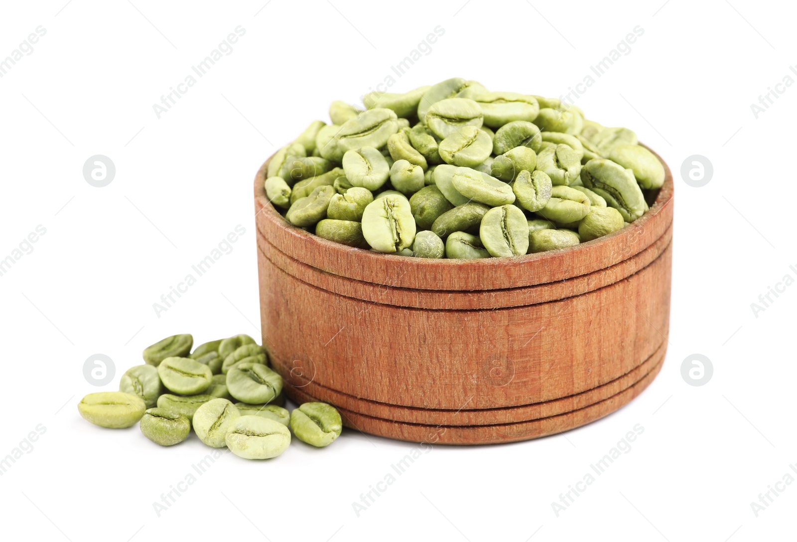 Photo of Wooden bowl with green coffee beans on white background