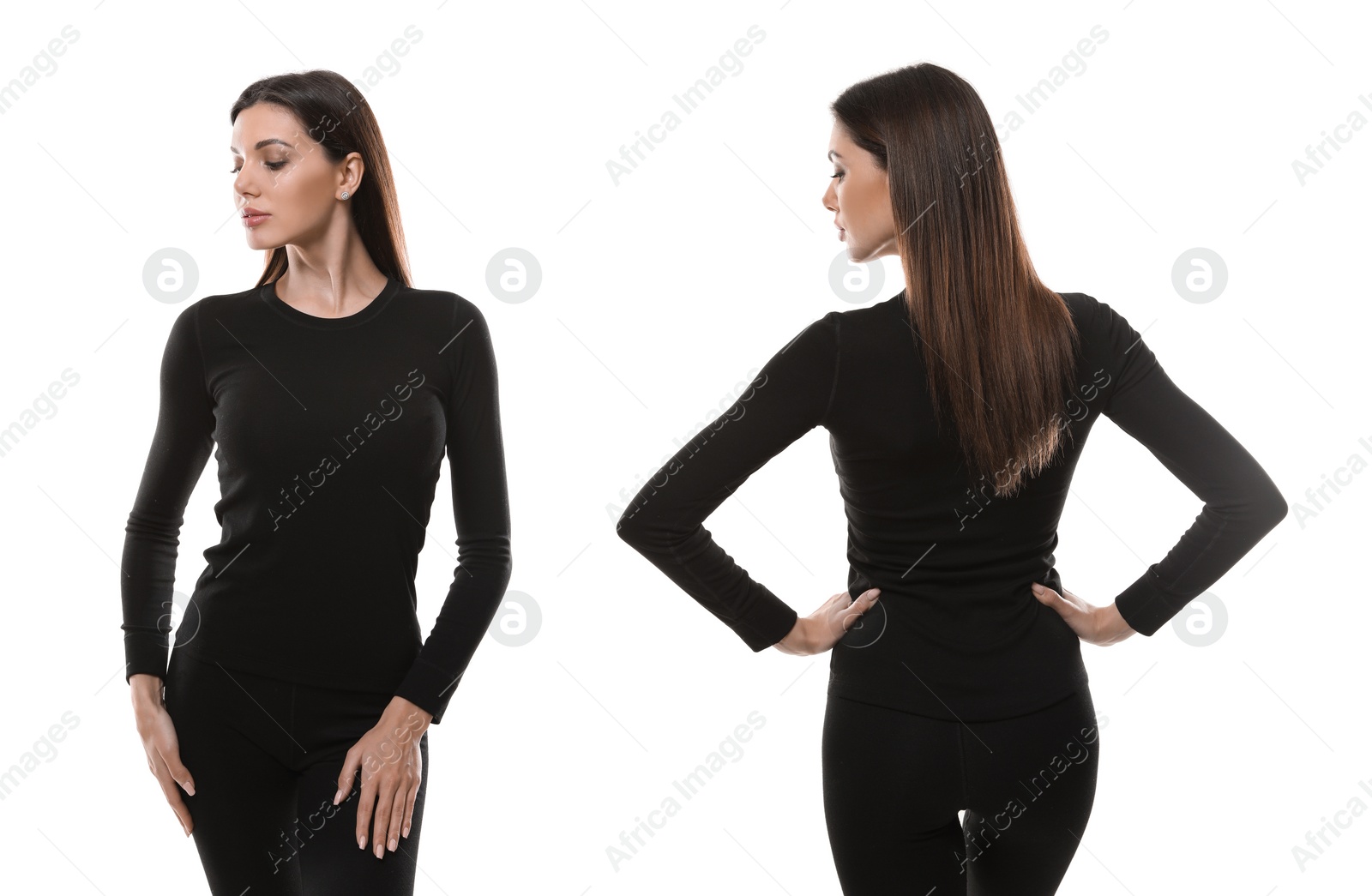 Image of Collage of woman wearing thermal underwear isolated on white