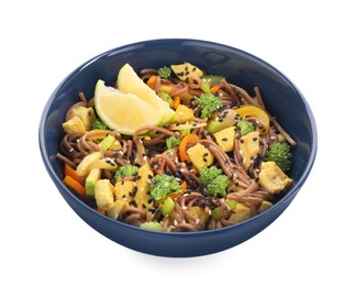 Photo of Stir-fry. Delicious cooked noodles with chicken and vegetables in bowl isolated on white