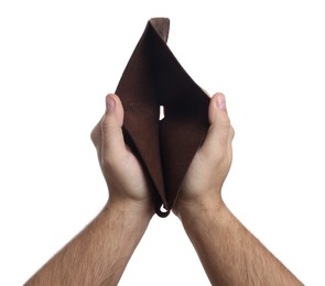 Photo of Man showing empty wallet on white background, closeup