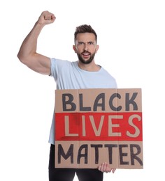 Photo of Emotional man holding sign with phrase Black Lives Matter on white background. End racism