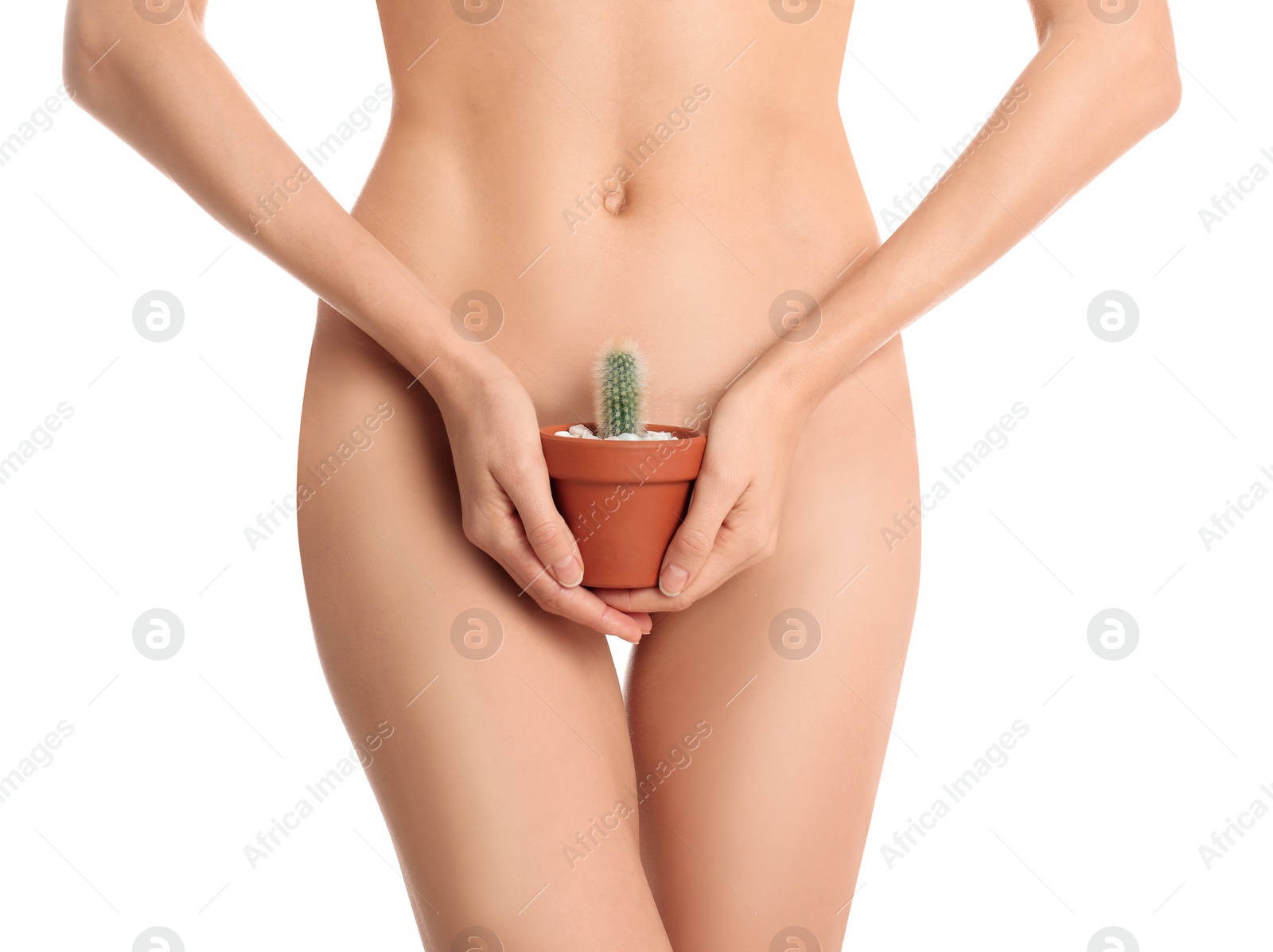 Photo of Woman with cactus showing smooth skin after Brazilian bikini epilation on white background, closeup. Body care concept