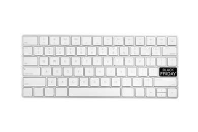 Image of Computer keyboard with Black Friday button, top view. Online shopping 