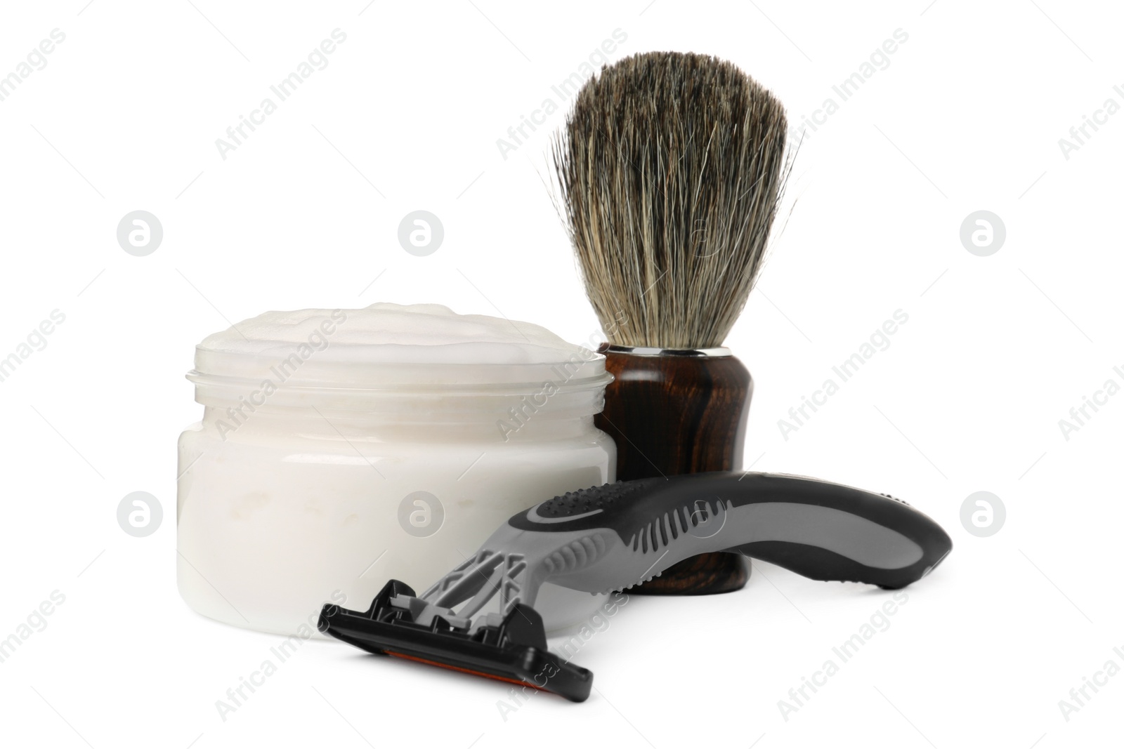 Photo of Different men`s shaving accessories on white background