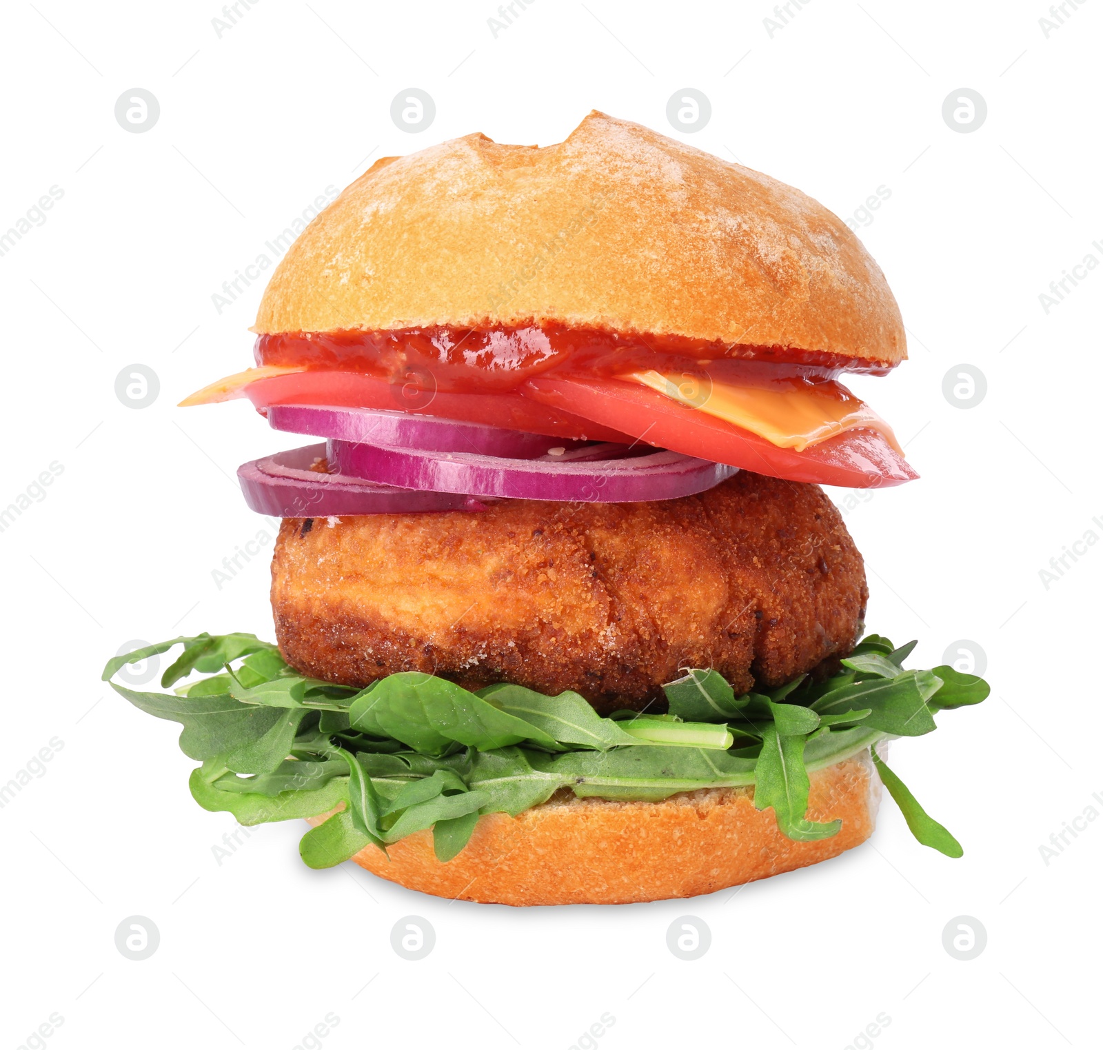 Photo of Tasty vegetarian burger with chickpea cutlet isolated on white