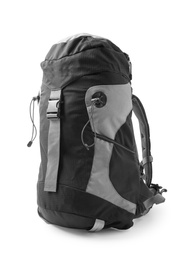 Stylish capacious backpack on white background. Camping equipment