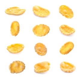 Image of Collage with tasty corn flakes on white background